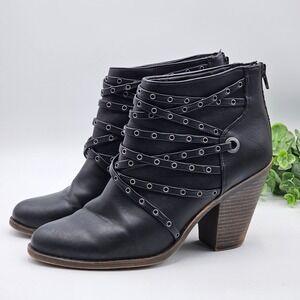 Fergalicious Fergie Windy Black Heeled Ankle Boots Women's 8.5M Studded Straps‎